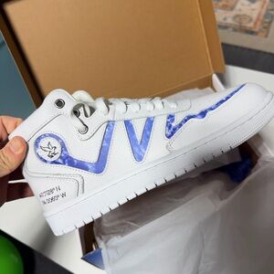White High-Top Sneakers with Blue Marble Accent